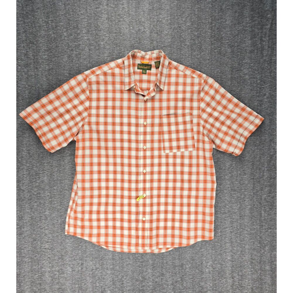 Men's Orange Plaid Lightweight Cotton Timberland Short Sleeve Button Shirt SZ XL